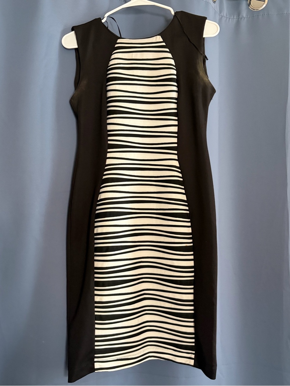 R&M Richards Black Dress with White and Black Striped Center Panel
